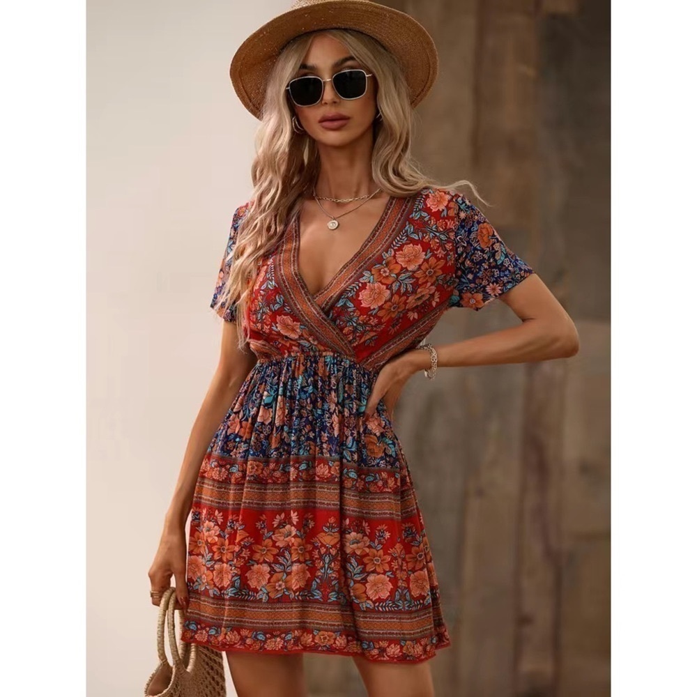 Floral Print Surplice Neck Boho Casual Mini Dress Red Orange Blue M L XL Nwt